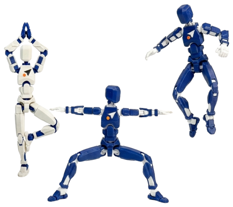 Three small robots Brandon printed, in navy and white, bent into yoga poses.